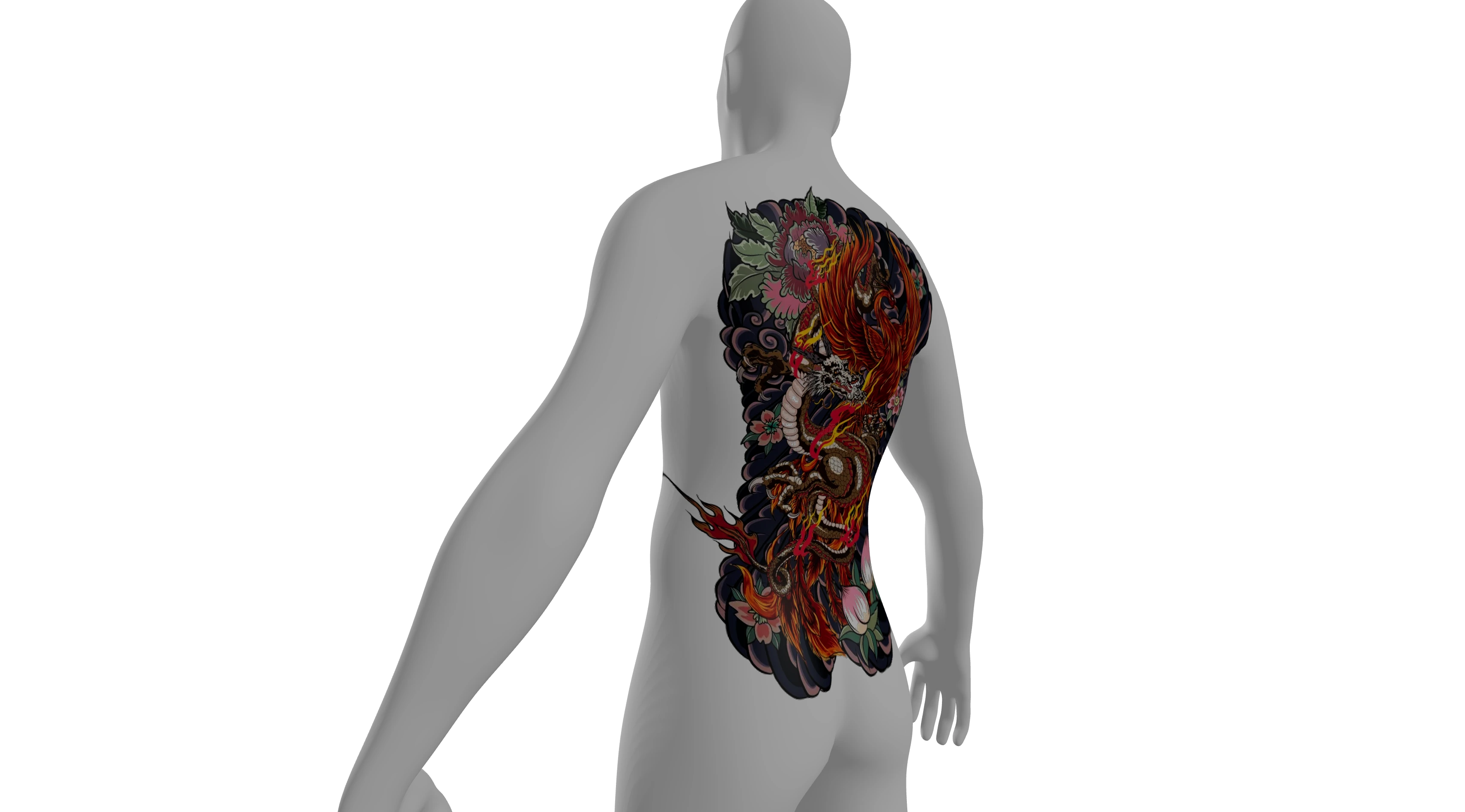 Reference dragon tattoo placement on a 3D back from TryTattoo3D