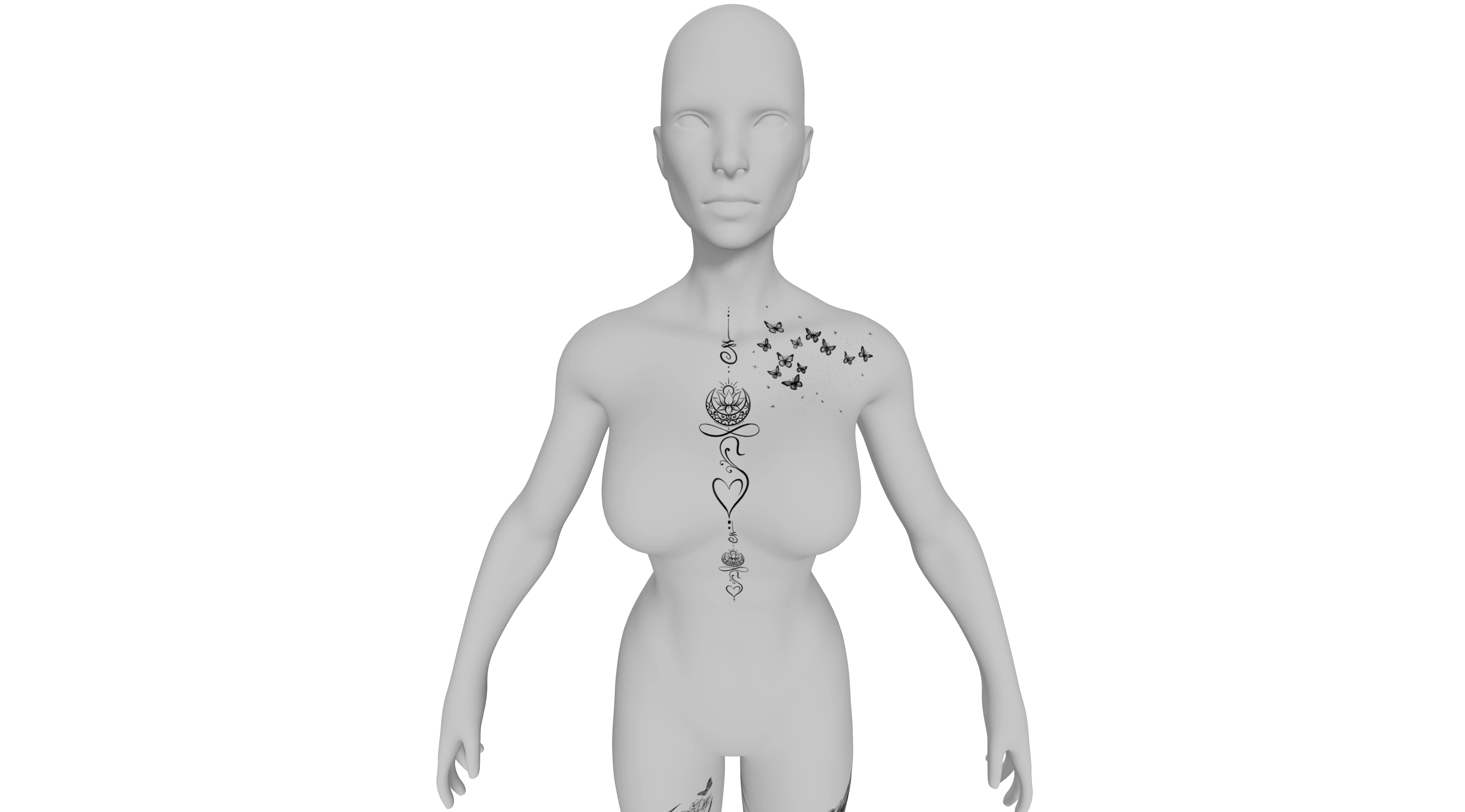 Reference floral and butterfly tattoo composition across the chest