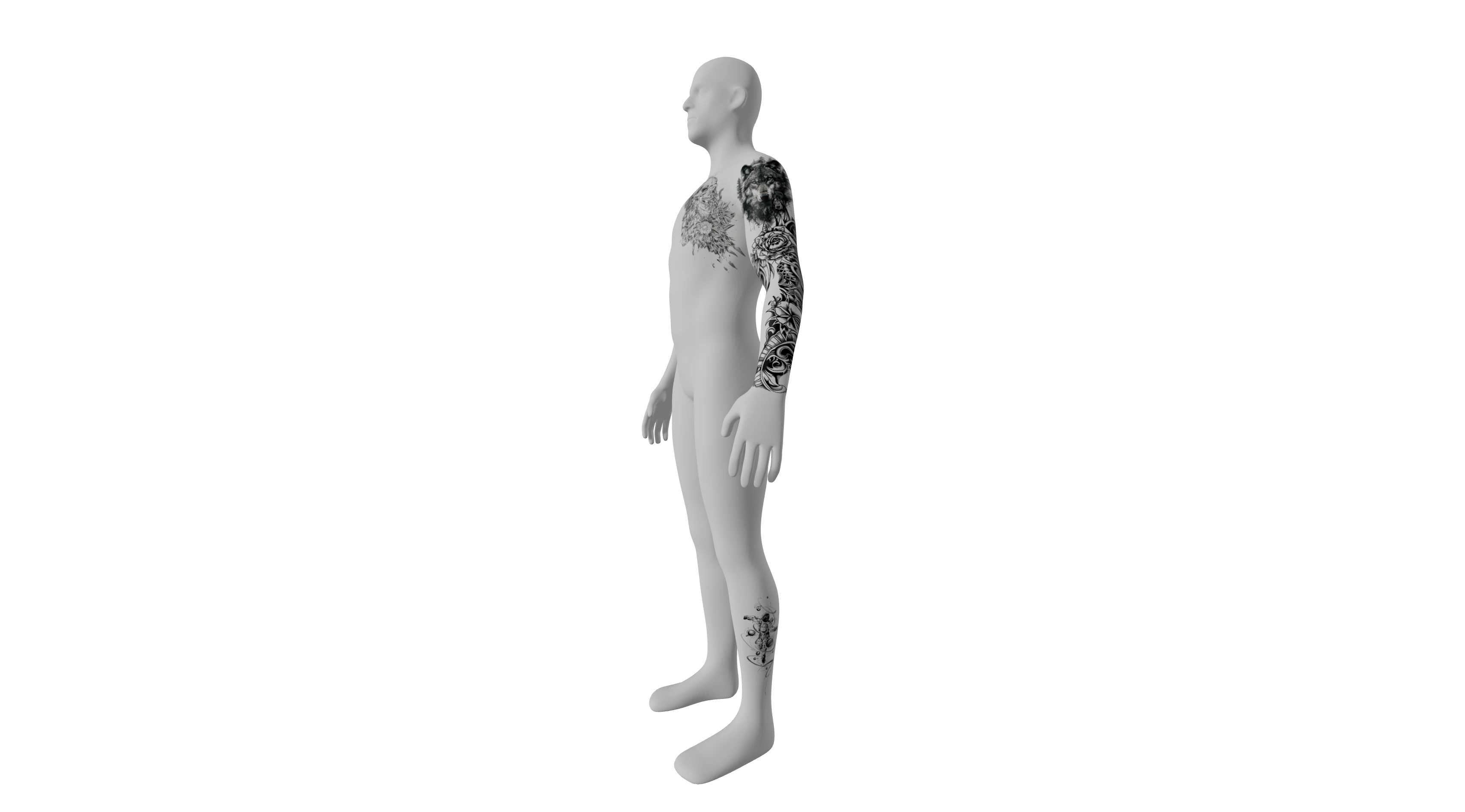 Reference arrangement of several tattoos across a 3D body
