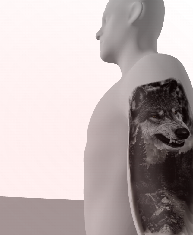 Corresponding wolf artwork on the shoulder in the TryTattoo3D public 3D example