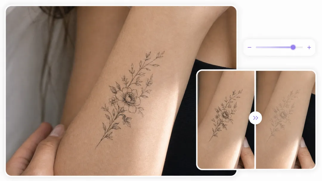 Reference comparison of darker and lighter floral tattoo previews, from Tat Ink