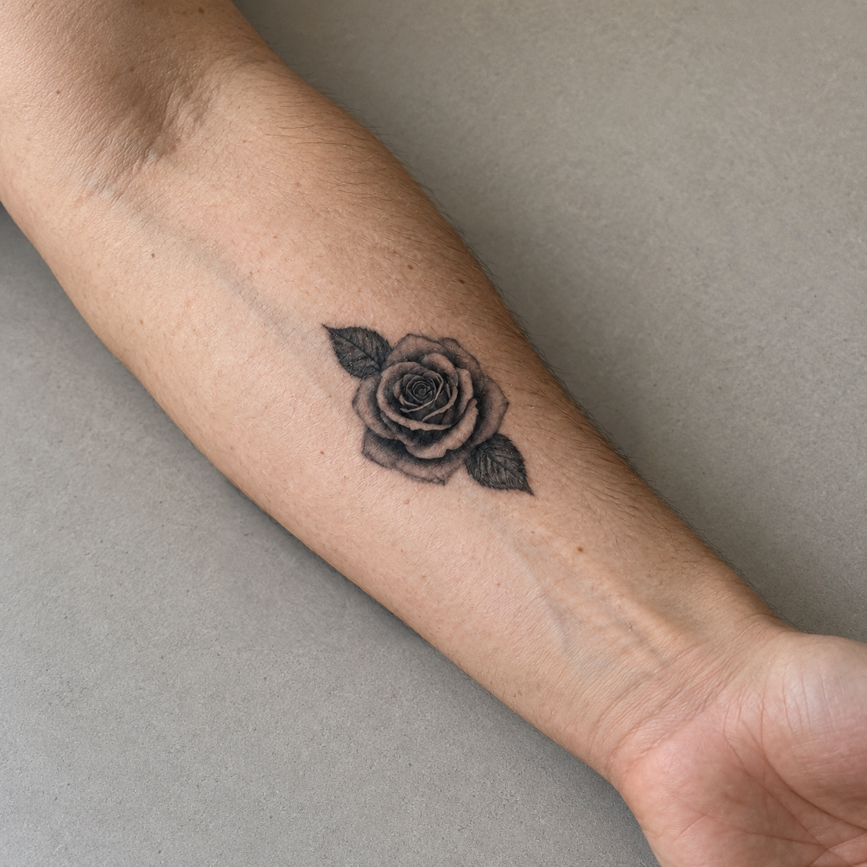 Real generated blackwork rose cover concept on the forearm source photo